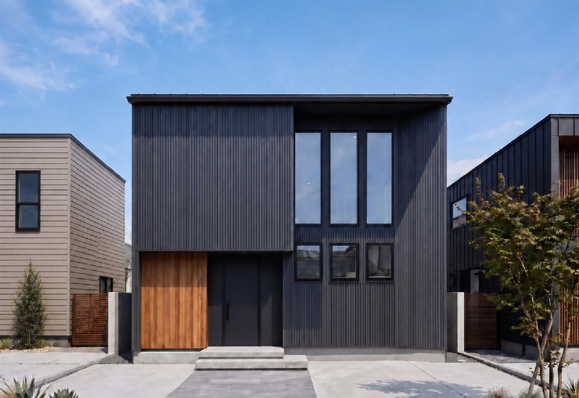 ダークグレーのモダンな外観を持つ二階建て住宅
