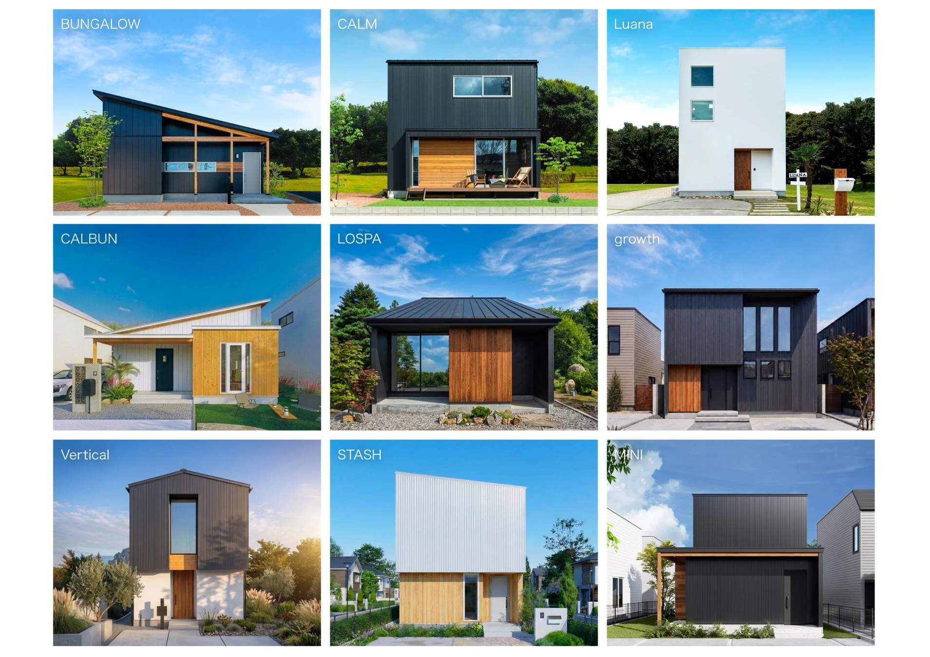 現代的でスタイリッシュなデザインの9棟の一戸建て住宅を紹介する画像