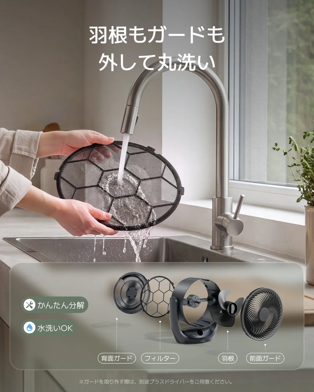 サーキュレーターの部品を水洗いする様子