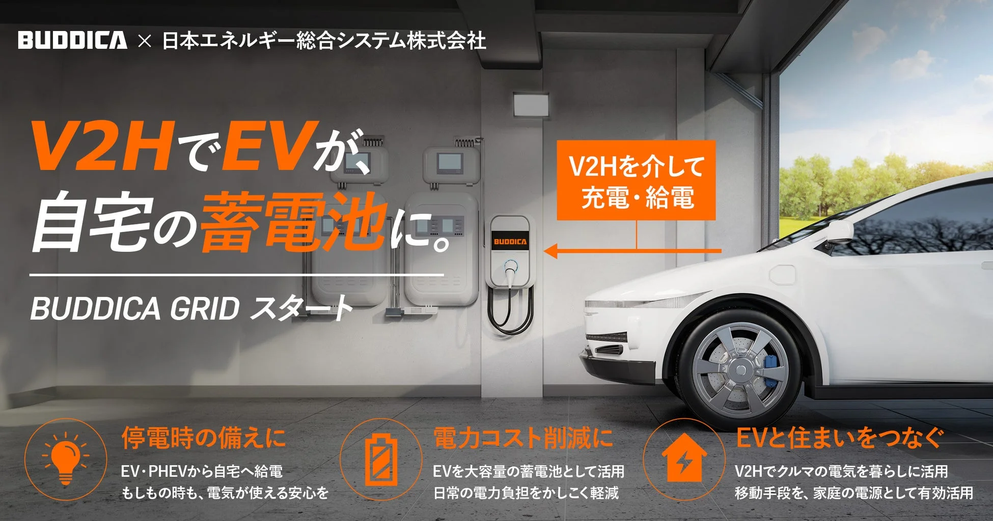 BUDDICA GRIDは、V2HシステムでEVを自宅の蓄電池として活用するサービス。停電対策、電力コスト削減、EVを家庭の電源にするメリットを提示し、BUDDICAと日本エネルギー総合システムが提供しています。