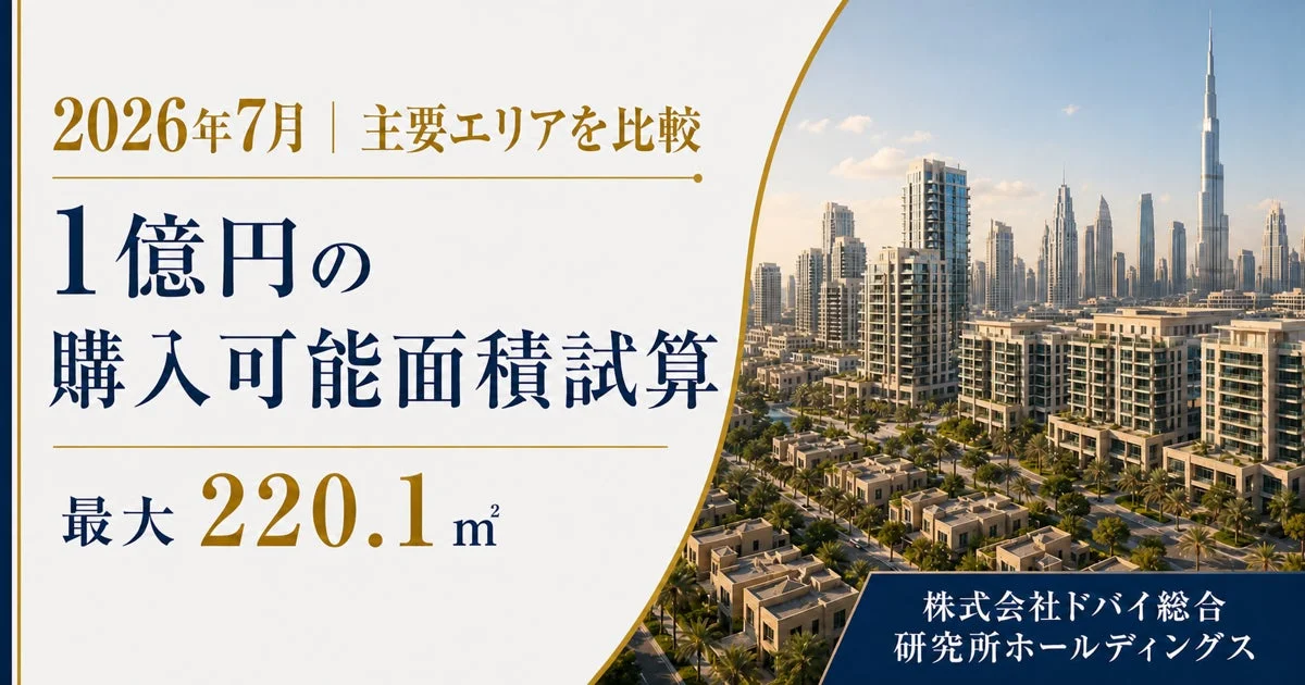 ドバイの都市景観と「1億円の購入可能面積試算」の表示
