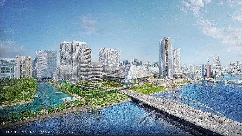 高層ビルが立ち並ぶ未来的なウォーターフロント都市の景観