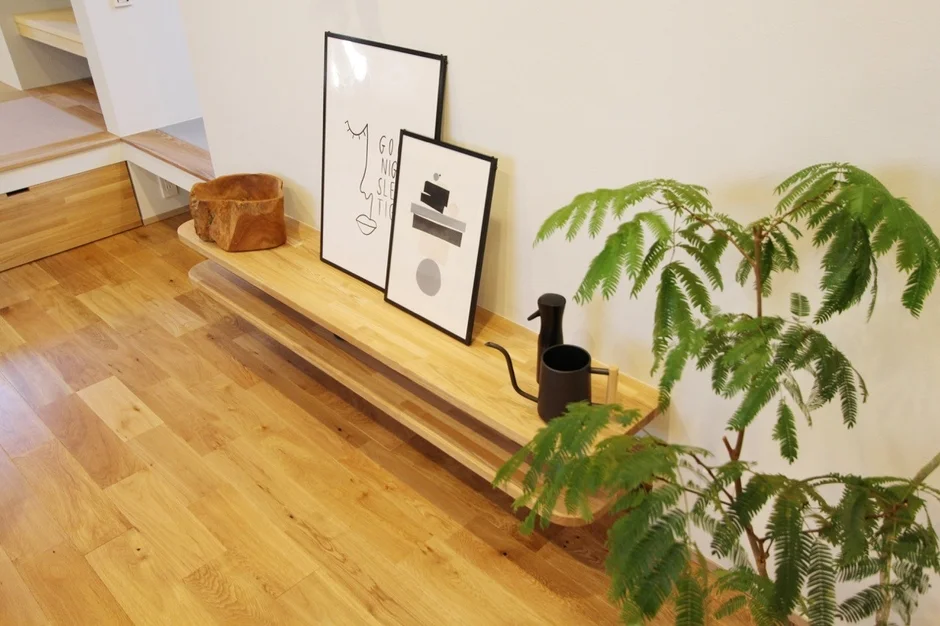 リビング、観葉植物、壁掛け棚