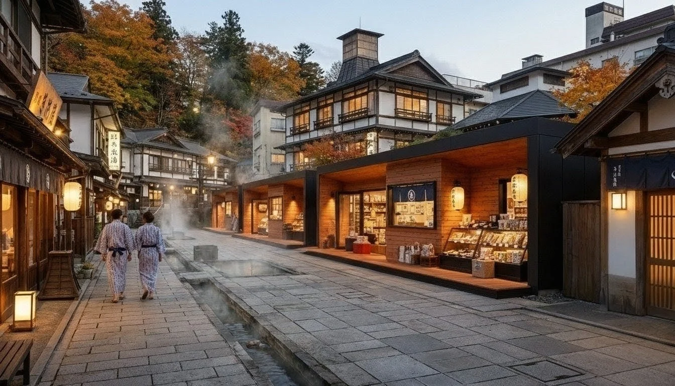 夕暮れ時の温泉街の風景