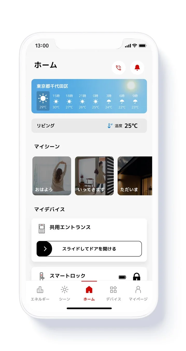 スマートホームアプリのホーム画面を表示したスマートフォンのUIです。天気予報、室温、シーン設定、スマートロックや共用エントランスの管理機能が一覧できます。