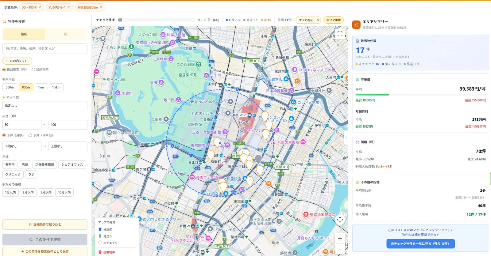 丸の内エリアのオフィス賃料相場表示