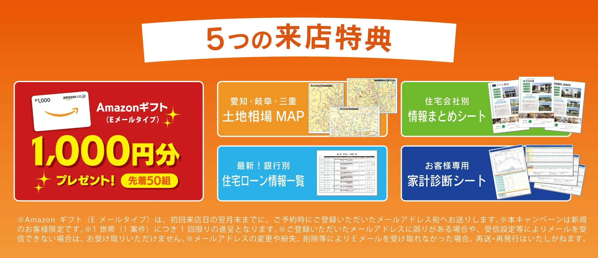 来店でAmazonギフト1,000円分（先着50組）や、愛知・岐阜・三重の土地相場MAP、住宅会社情報、住宅ローン情報、家計診断シートがもらえる5つの特典を案内する広告。新規のお客様限定。