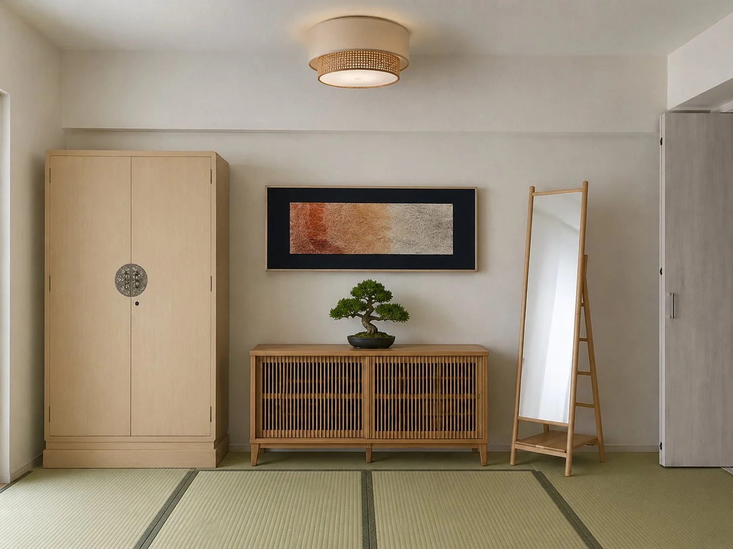 畳が敷かれた和室に、木製の家具や盆栽、アートワークが配置された落ち着いた空間