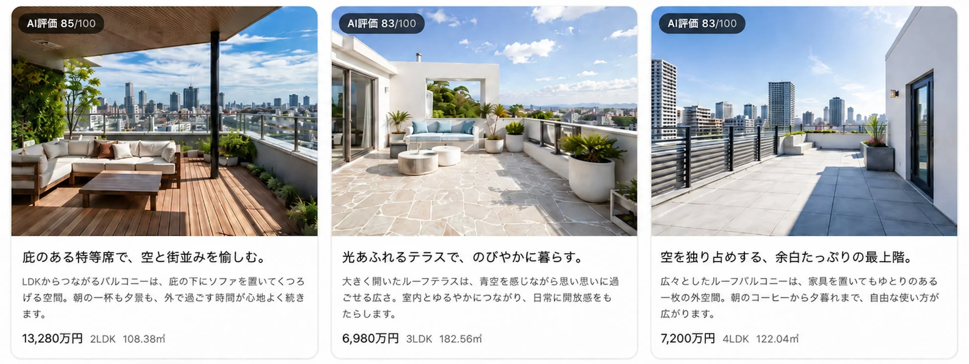 都市の眺望が楽しめる広々としたバルコニーやルーフテラスがある3つの物件を紹介