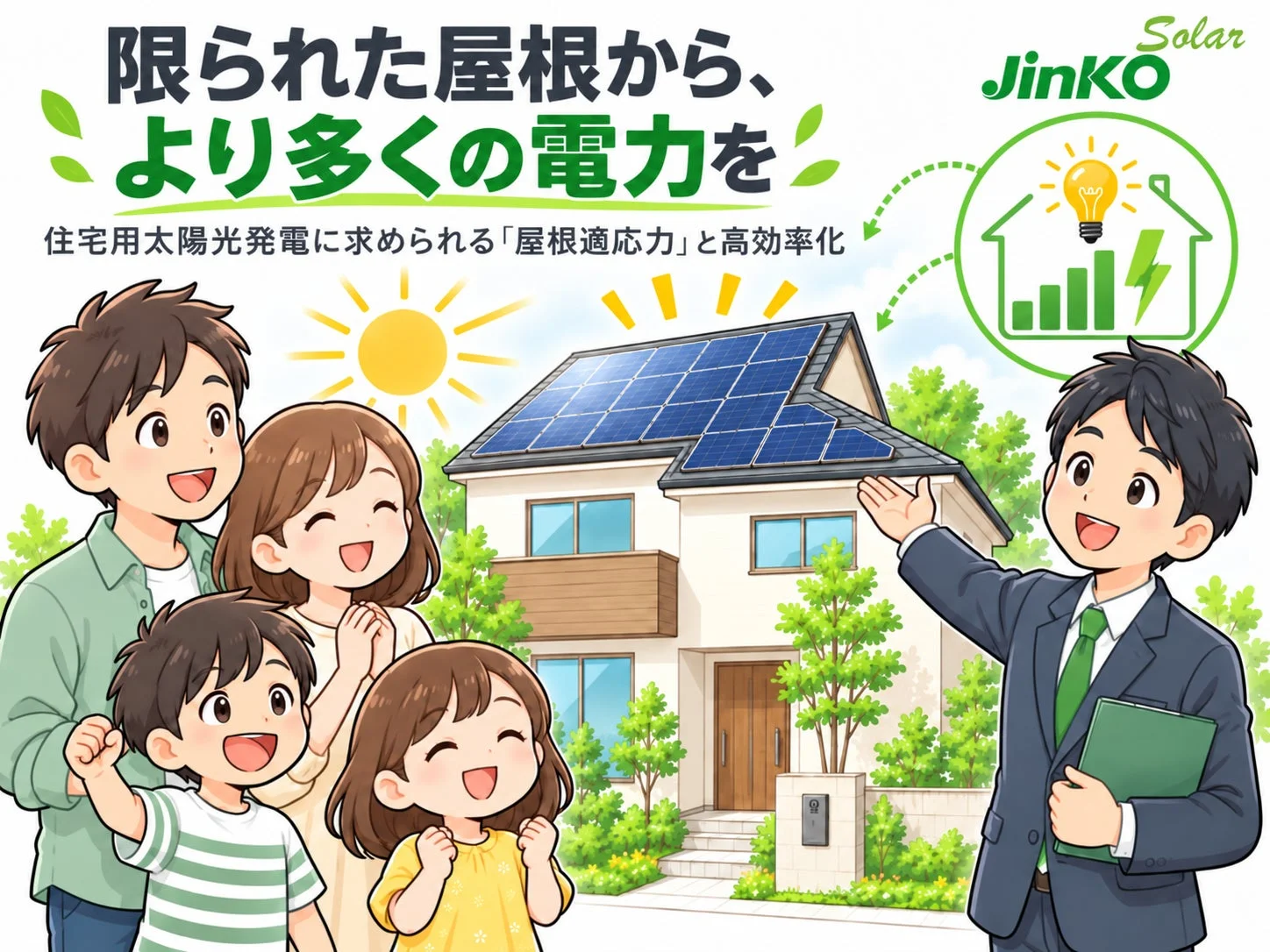 太陽光発電パネルを設置した住宅を笑顔の家族が見つめる様子