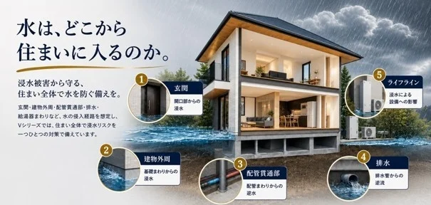 家屋に水が浸入する経路を5つのポイントに分けて解説し、浸水被害から住まい全体を守るための対策を示しています。玄関、建物外周、配管貫通部、排水管、ライフラインの各箇所からの浸水リスクと、それに対する「Vシリーズ」の備えが説明されています。