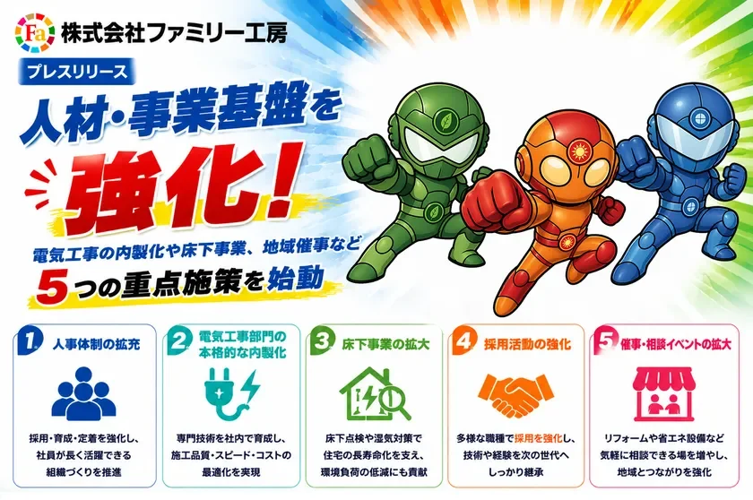株式会社ファミリー工房、住まいを長く大切にするための5つの重点施策を発表！電気工事の内製化や床下事業を強化し、地域とのつながりも深めます