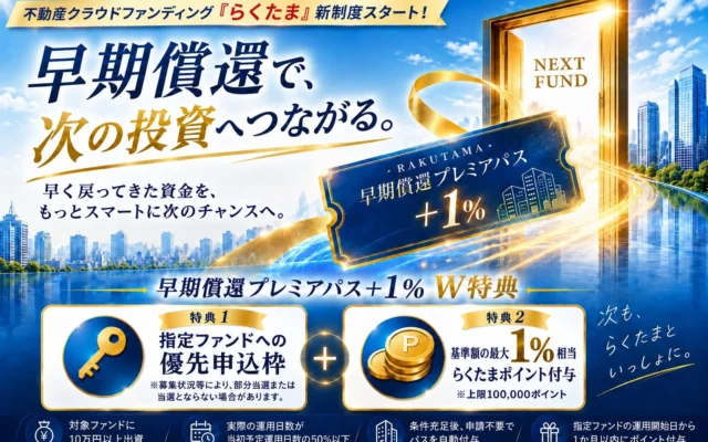 不動産クラファン「らくたま」が新制度「早期償還プレミアパス+1%」を開始!次の投資チャンスを広げるW特典とは?